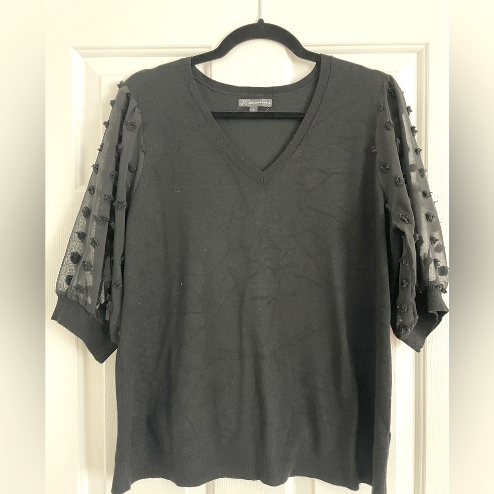 Women’s Adriana Papel, short sleeve sweater. Size L.sheer sleeves. Light weight.